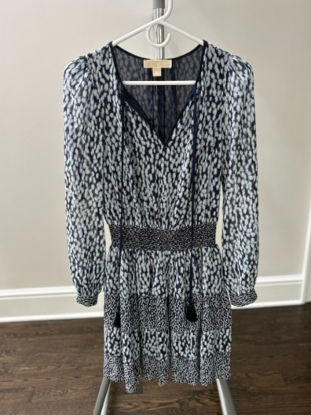 MICHAEL Michael Kors Navy Animal Print Smocked Waist Tassel Dress XS